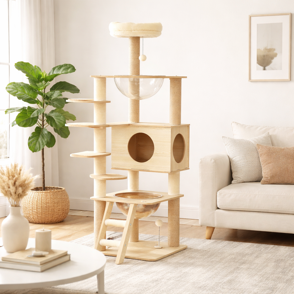 Arbre à Chat en Bois Multi-Niveaux avec Griffoir et Hamac